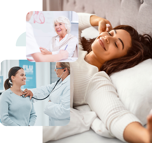Photo collage representing a women enjoying great sleep after seeing sleep specialists